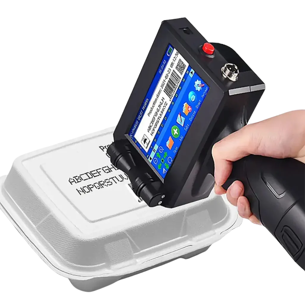 Codificadora inkjet portátil imprimiendo fecha y lote en envase plástico