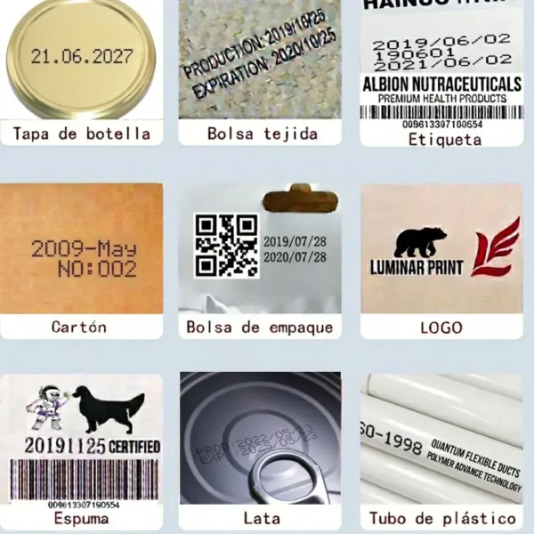 Codificadora portátil inkjet JM1790 imprimiendo ejemplos en distintos productos
