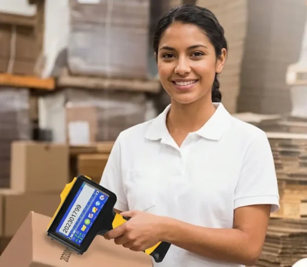 Operaria utilizando codificadora portátil inkjet JM1790 en almacén