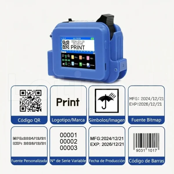 Mini codificadora inkjet portátil azul imprimiendo texto códigos y QR