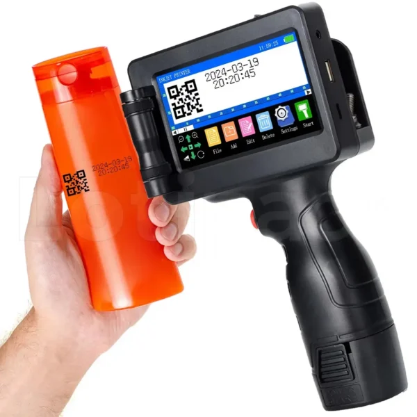 Fechadora industrial portátil JS1-25 imprimiendo código sobre envase